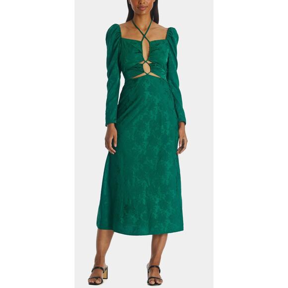 WAYF size Medium Green Midi Dress Adeline Cutout Floral Jacqard Halter New - Picture 1 of 8